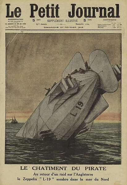 German Zeppelin L19 crashed in the North Sea on its way back from a raid on England, World War I, 1916 (colour litho)
