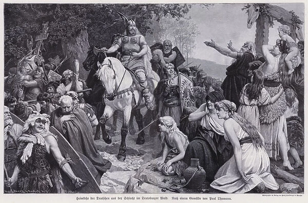 Germanic warriors on their journey home after defeating the Romans at the Battle of the Teutoburg Forest, 9 (engraving)
