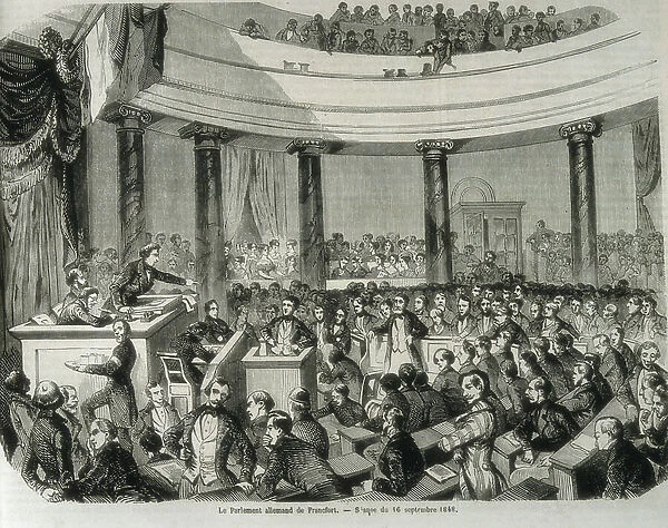 Germany (1848). The Frankfurt Parliament convened in Frankfurt's Paulskirche. Debate in the Assembly of Frankfurt 16 September 1848 (engraving)