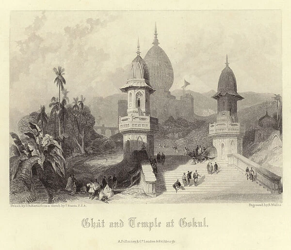Ghat and temple at Gokul (engraving)