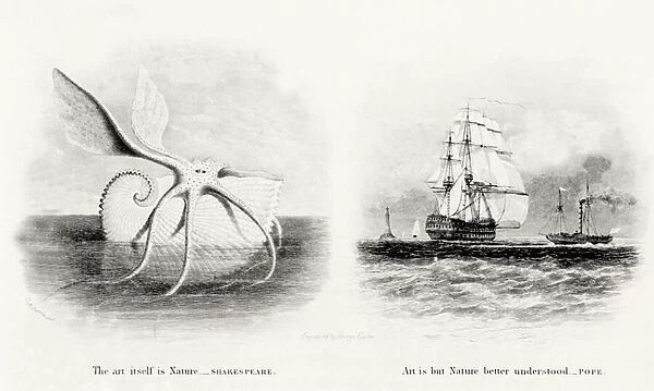 A giant squid and two ships at sea, engraved by George Cooke (1781-1834) (engraving