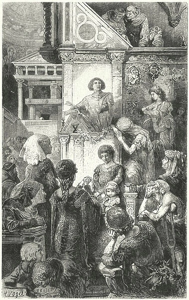 Giovanni Boccaccio reciting Dantes Divine Comedy to the people of Florence, 14th Century (engraving)