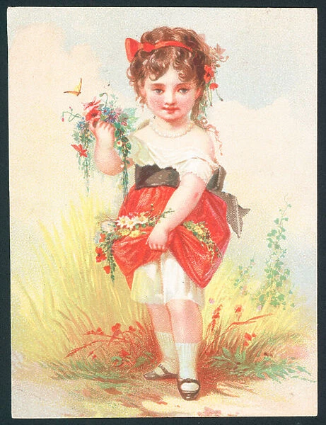 Girl with flowers and butterfly - Victorian greetings card (chromolitho)