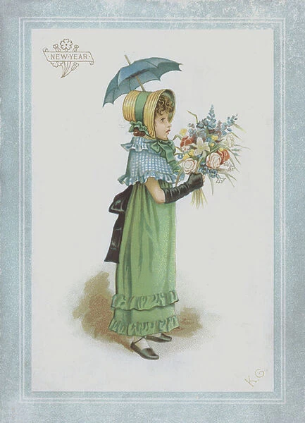 Girl in green dress, holding parasol and a bouquet of flowers (colour litho)
