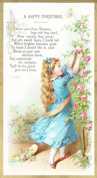 Girl picking roses, Christmas Card (chromolitho)