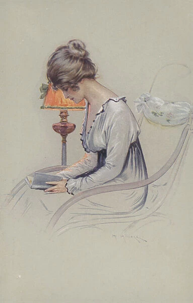 Girl reading a book (colour litho)