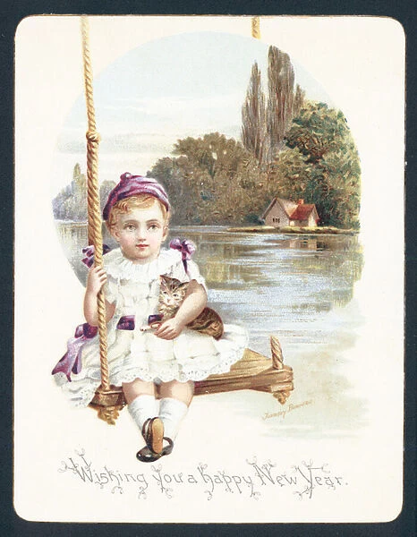 Girl sitting on swing with cat, New Year Card (chromolitho)