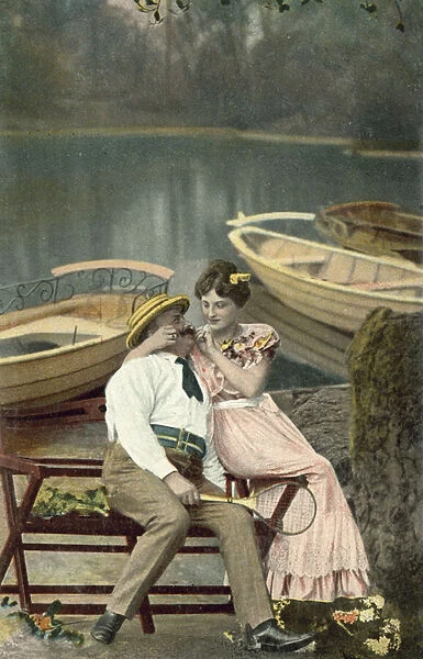 Girl tweaking the moustache of corpulent man (colour photo)