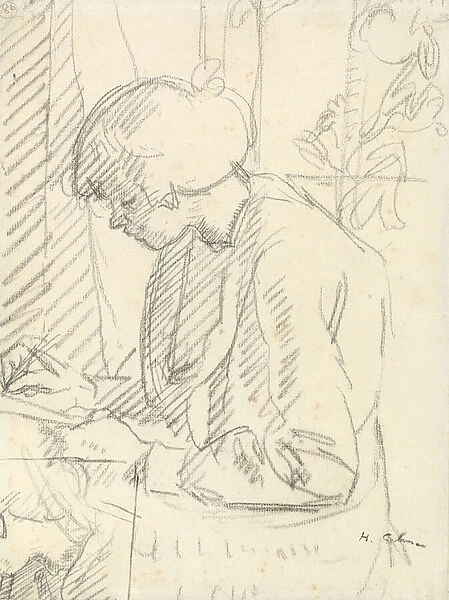 A girl writing (black chalk on paper)