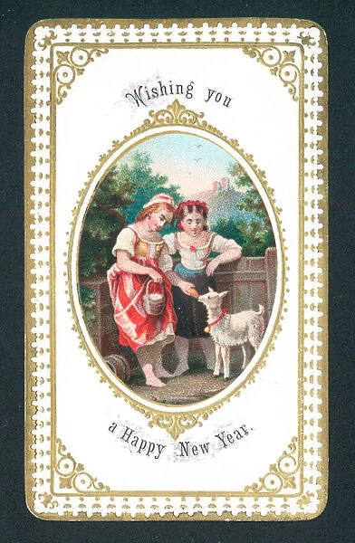 Girls feeding goat, New Year Card (chromolitho)