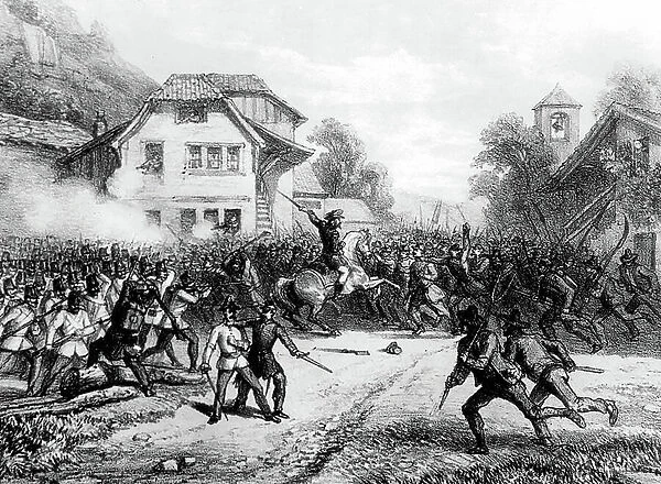 Giuseppe Garibaldi (1807-1882) italian patriot driving out The Austrians from Varese in 1859, engraving