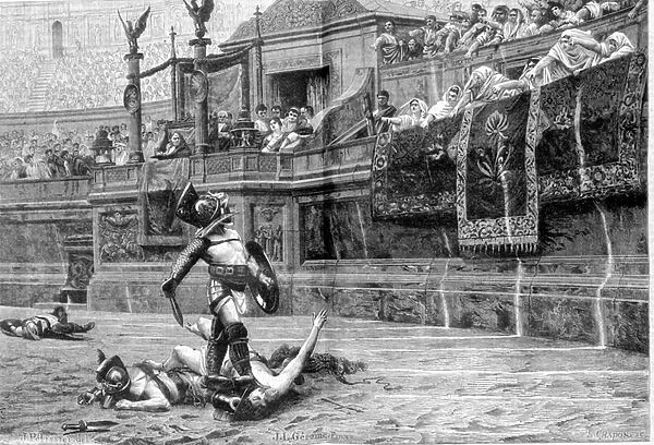 Gladiator battle in Roman times after the painting of J L Gerome