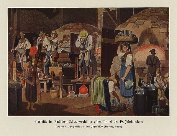 Glassblowers at Glashutte in the Black Forest (colour litho)