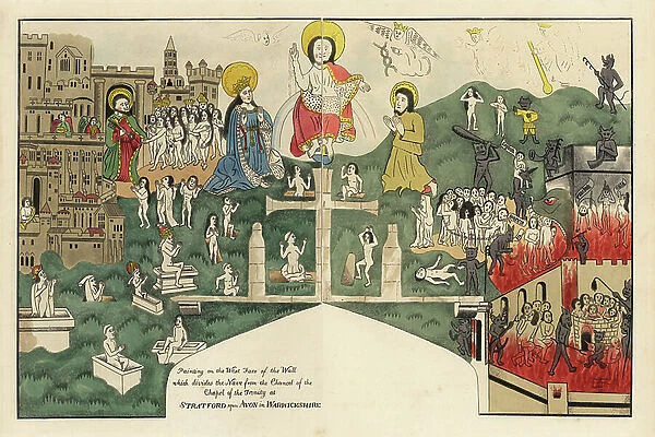 God on the Day of Judgment, with Mary and Saint John, kings, popes and monks emerging from tombs to enter heaven. On the other side, sinners are herded by demons into the mouth of Hell to be tormented