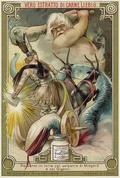 The god Thor battling the Midgard serpent and the giants (chromolitho)