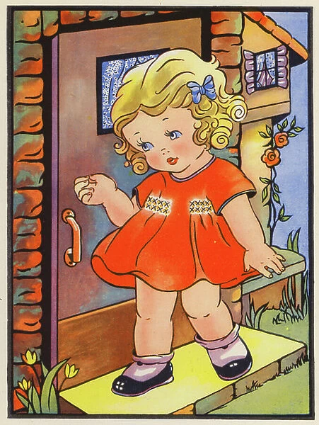 Goldilocks opens the door (colour litho)