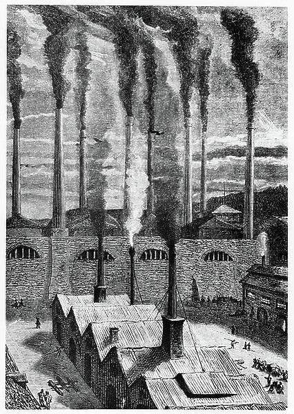 Goldspring ironworks near New York where the materials for the great gun for launching the space craft Columbiad were produced, 1865 (engraving)