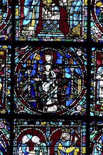 Gothic architecture. Life of Our Lord (detail): The Virgin and Child. 1140. Stained glass of the Royal Portal. Cathedrale de Chartres