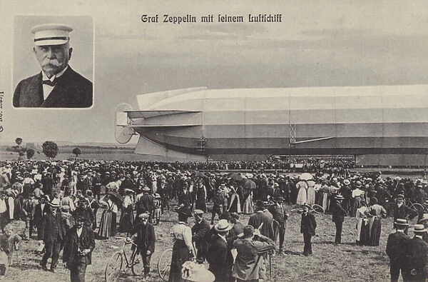 Graf Ferdinand von Zeppelin and his airship (b  /  w photo)