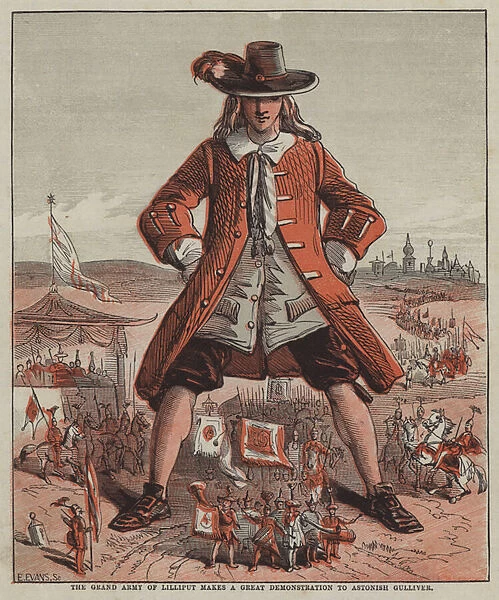The Grand Army of Lilliput makes a great demonstration to astonish Gulliver (colour litho)