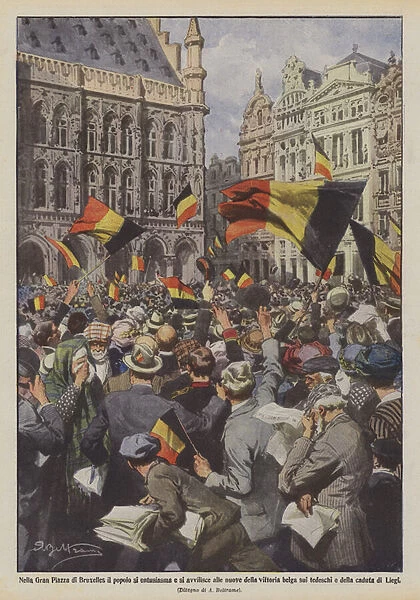 In the Grand Square in Brussels the people get excited and disheartened by the news of the Belgian victory over the Germans and the fall of Liege (colour litho)