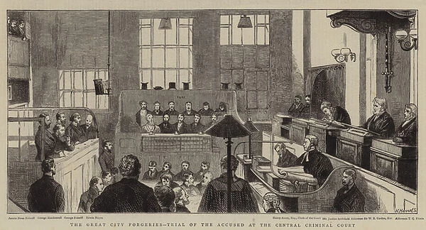 The Great City Forgeries, Trial of the Accused at the Central Criminal Court (engraving)