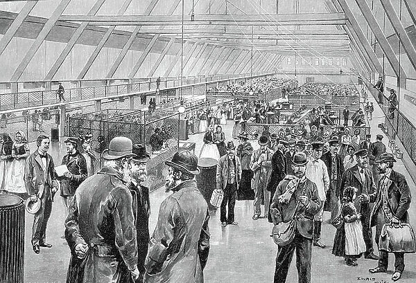 Great Hall, Ellis Island Immigration Station, USA, historic wood engraving, about 1897