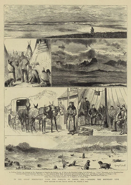In the Great North-West with the Marquis of Lorne, XIX, crossing the Boundary Line (engraving)