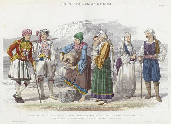 Grecian Race, Hellenes, Pelasgi (coloured engraving)