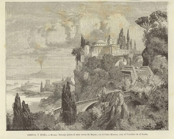 Greece and Rome - Rome: Landscape by the sea at Cape Miseno with Vesuvius in the background. (engraving)