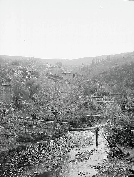 Greece, Theresso, Crete: view of the village through leaves-free trees with river, 1908