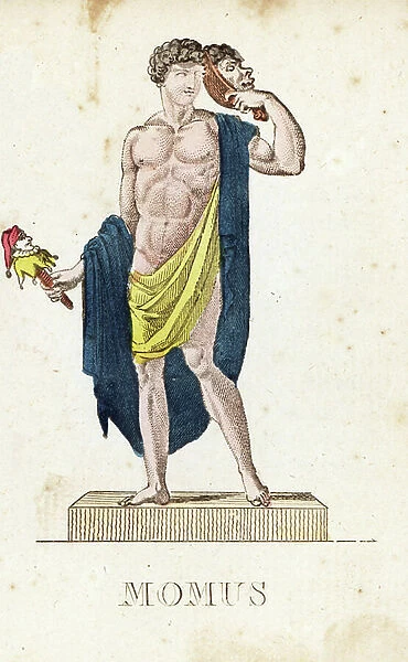Greek mythology: Momos, deity of mockery, mischievous criticism and good words, removing a mask from his face and holding a puppet - Eau forte by Jacques Louis Constant Lacerf, based on an illustration by Leonard Defrance (1735-1805)