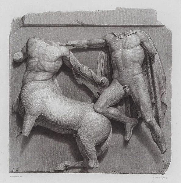 Greek warrior fighting a centaur, ancient Greek marble sculpture from the Parthenon, Athens (engraving)