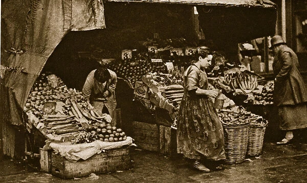 A Greengrocer of the Commercial Road, East End of London (sepia photo)