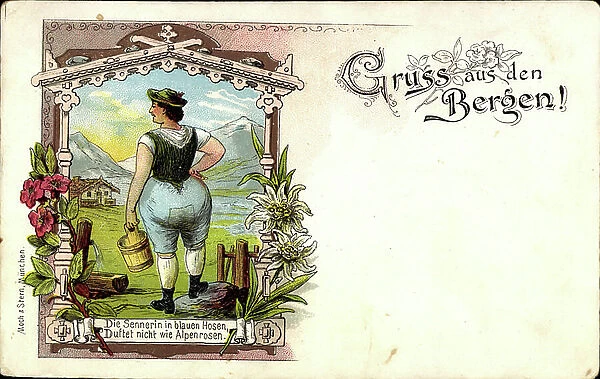 Greetings from the mountains, The dairywoman in blue pants (postcard)