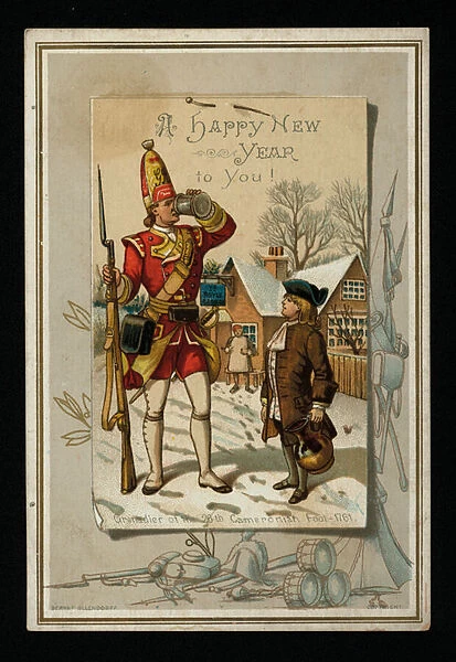 Grenadier of the 26th Cameronian Foot (1761) enjoying a drink, New Years greetings card (chromolitho)