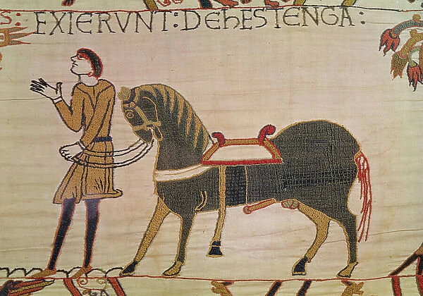 A groom brings William his charger, Bayeux Tapestry (wool embroidery on linen)