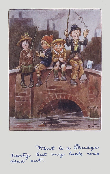 Group of children fishing from a bridge (colour litho)