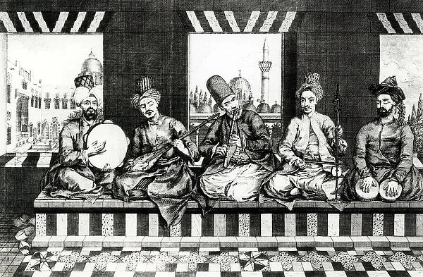 A Group of Oriental Musicians (engraving) (b  /  w photo)