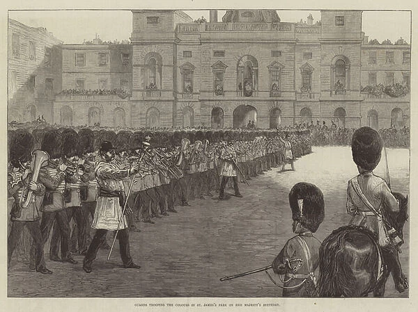 Guards trooping the Colours in St Jamess Park on Her Majestys Birthday (engraving)