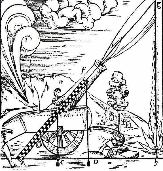 A gunner firing a cannon whose elevation has been calculated using a chequered rule fitted with two plum-bobs, 16th century (engraving)