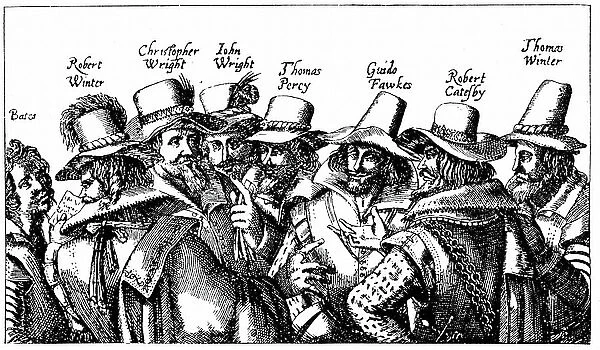 Gunpowder Plot, Roman Catholic conspiracy to blow up English Houses of Parliament on 5 November 1605 when James I was due to open a new session. Guy Fawkes, best known of the conspirators, is third from right. From print published Frankfurt 1605