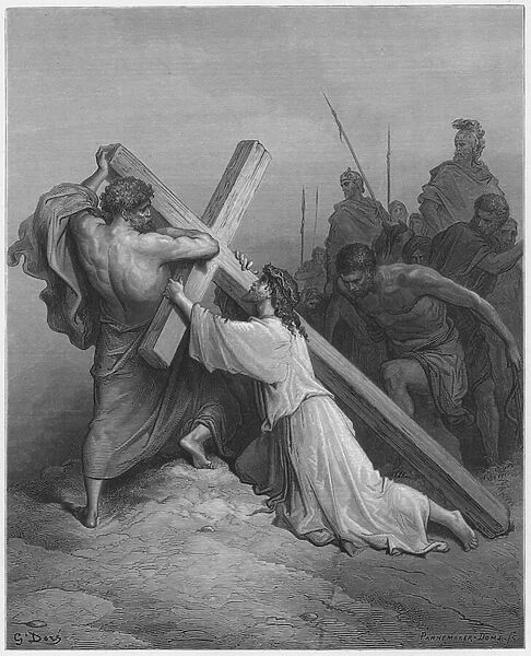 Gustave Dore Bible: Jesus falling beneath the Cross (engraving)