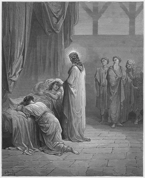 Gustave Dore Bible: Jesus raising up the daughter of Jairus (engraving)