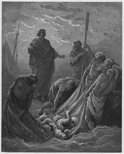 Gustave Dore Bible: The miraculous draught of fishes (engraving)