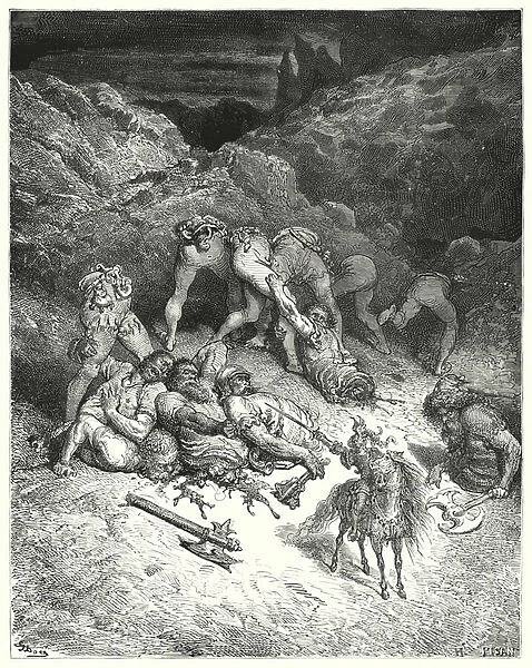 Gustave Dores Don Quixote: 'How Felixmarte cut off five giants by the middle'(engraving)