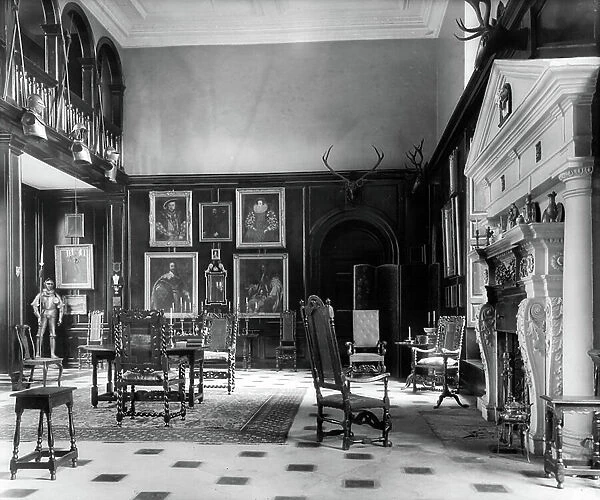 The hall in 1906, Hill Hall, Essex, from England's Lost Houses by Giles Worsley (1961-2006) published 2002 (b / w photo)
