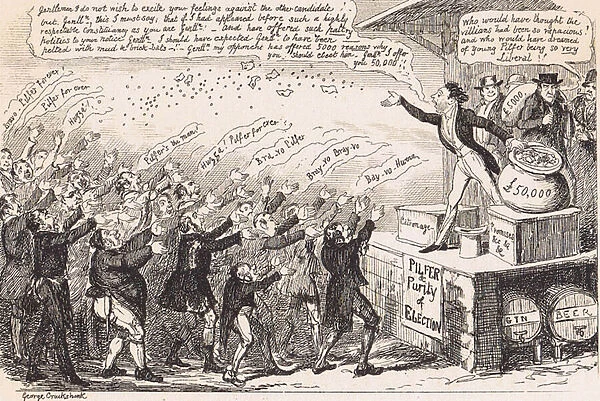 Show of Hands for a Liberal Candidate : Electioneering and Bribery with those with a vote holding up their hands to catch the money a Parliamentary candidate is throwing out to them. Cartoon by George Cruikshank published 1843