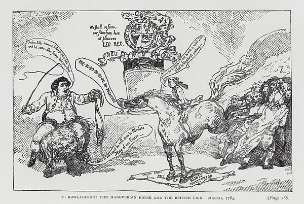 The Hanoverian Horse and the British Lion, satire on the general election of 1784 depicting the Whig and Tory party leaders, Charles James Fox and William Pitt the Younger (engraving)