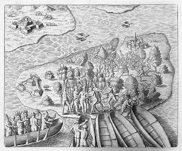 Hans Staden captured by Tupinamba Indians during his voyage to Brazil, 1552